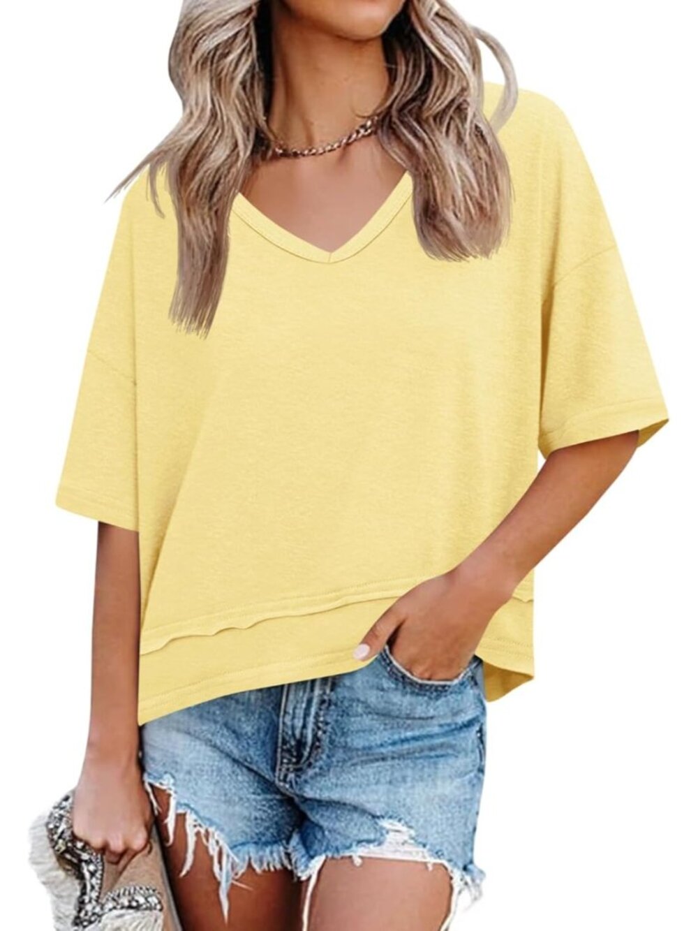 Women's Light Yellow Summer V Neck T Shirts Casual Short Sleeve Tops Cute Loose